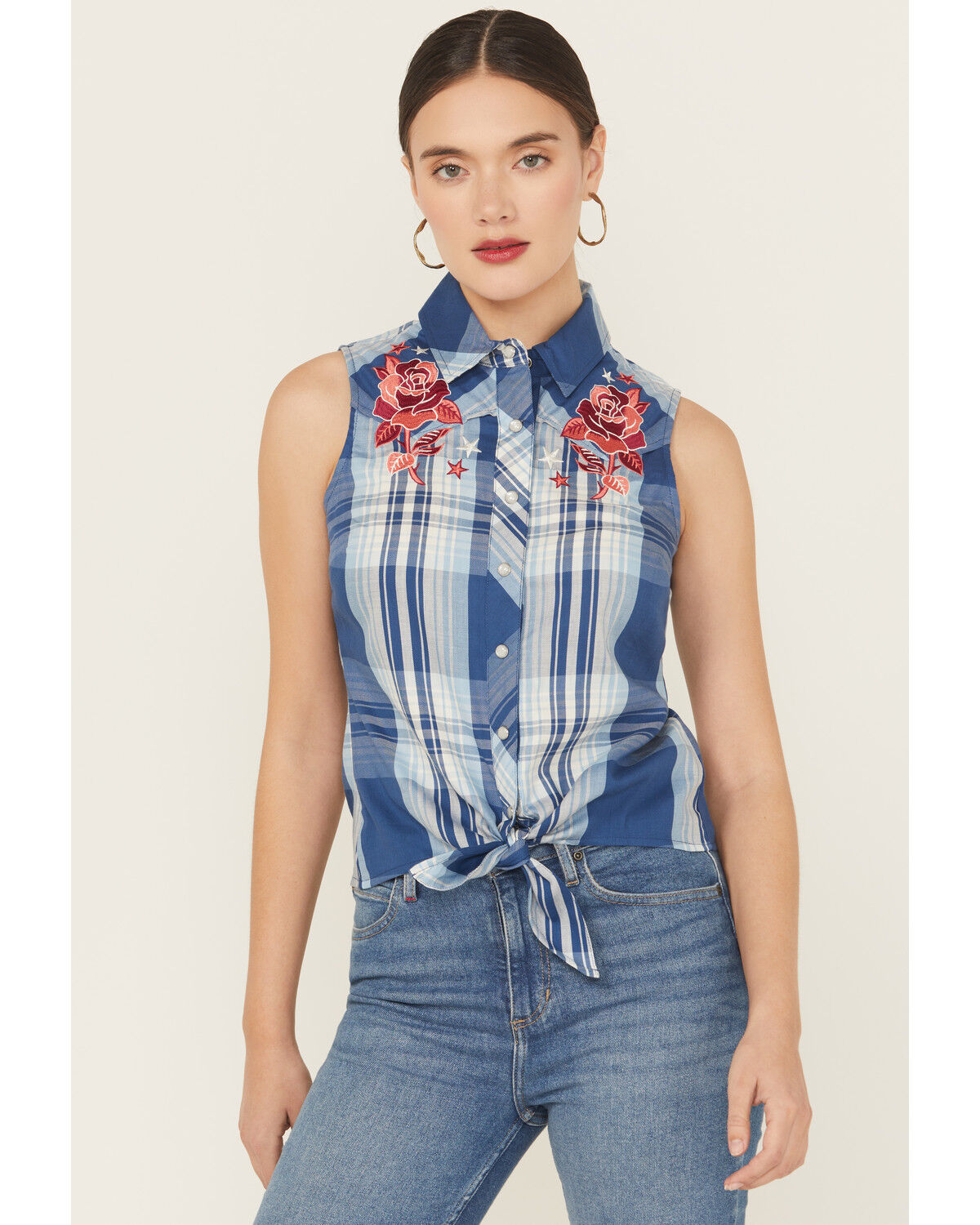 Image #2 - Idyllwind Women's Plaid Print Embroidered Front Sleeveless Snap Western Shirt, Blue, hi-res