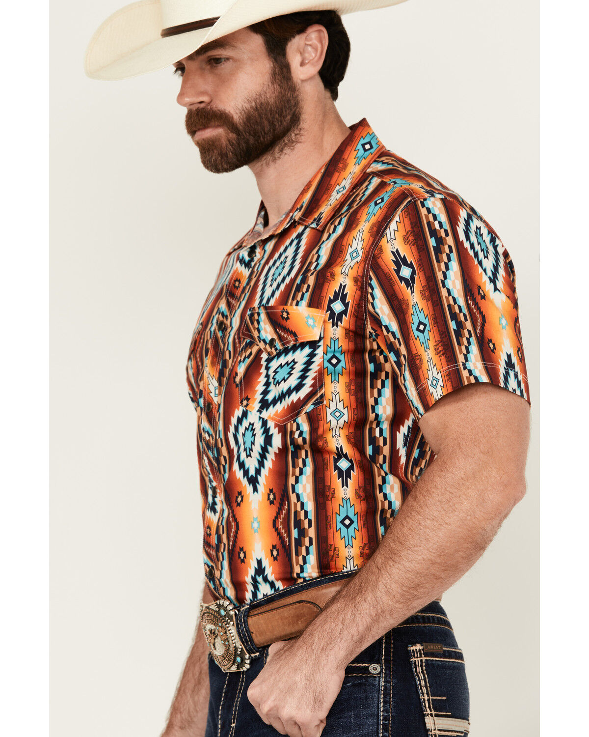 Image #2 - Rock & Roll Denim Men's Southwestern Print Short Sleeve Snap Stretch Western Shirt, Orange, hi-res