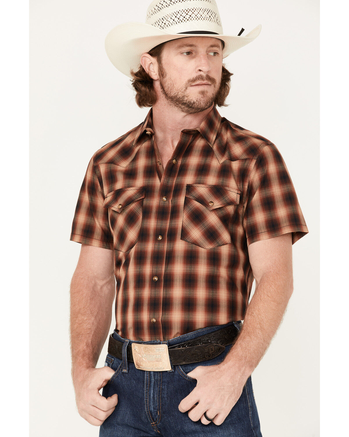 Image #2 - Pendleton Men's Frontier Large Plaid Short Sleeve Western Shirt, Red, hi-res