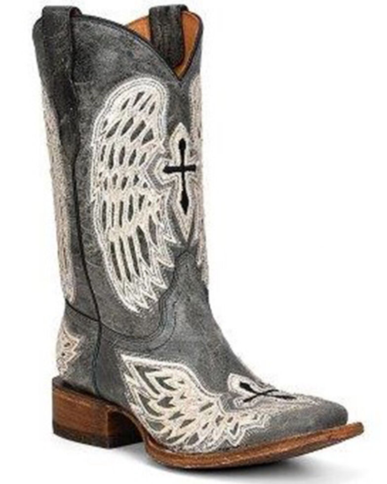 Corral Women's Cross & Wings Overlay Embellished Western Boot - Square Toe , Black/white, hi-res