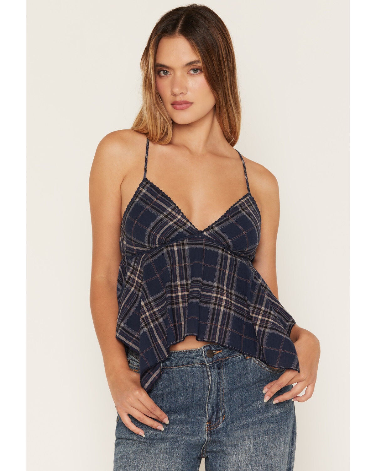 Image #1 - Cleo + Wolf Women's Plaid Print Hanky Hem Sleeveless Cami, Navy, hi-res