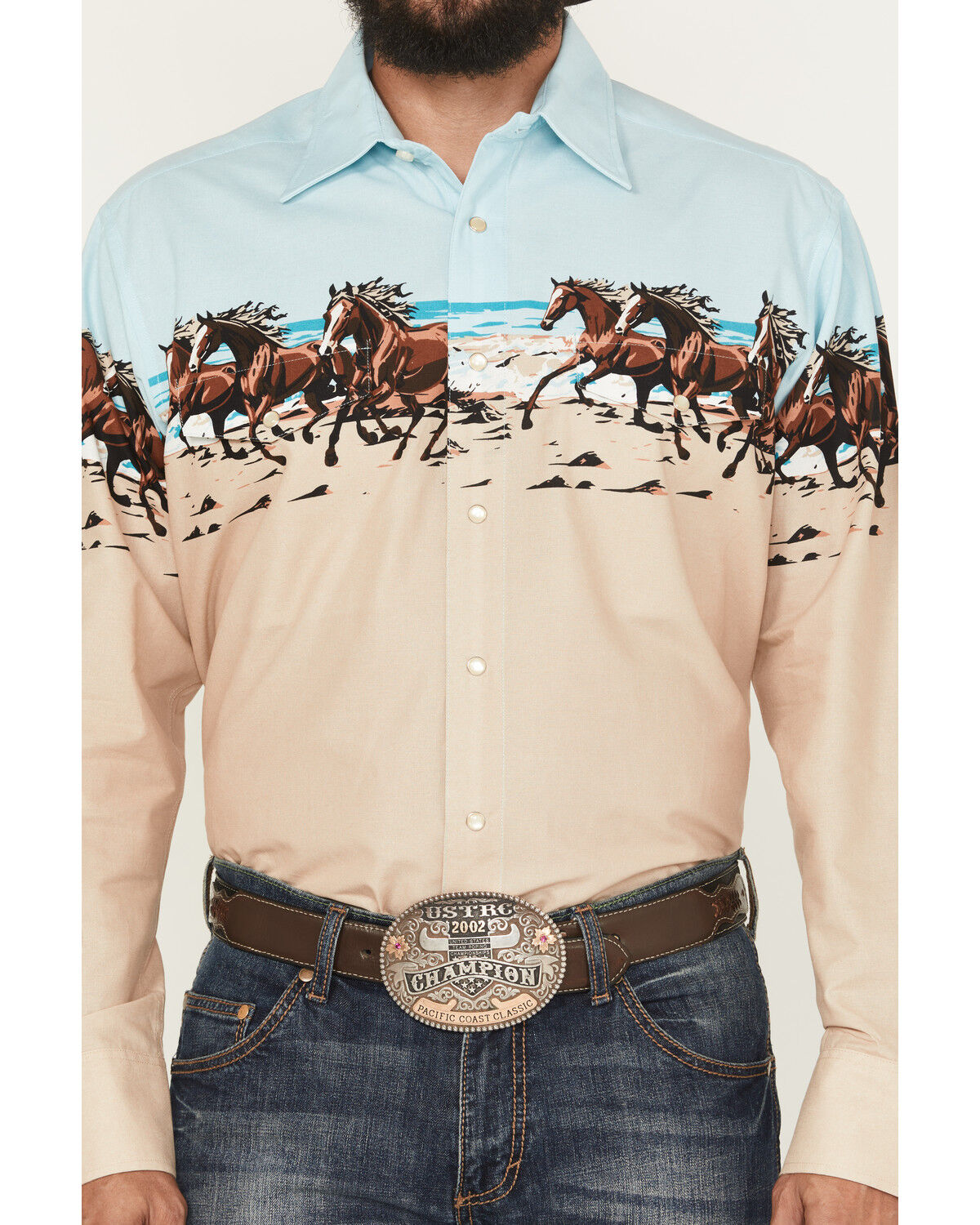 Image #3 - Panhandle Slim Men's Horse Border Print Long Sleeve Pearl Snap Western Shirt, Tan, hi-res