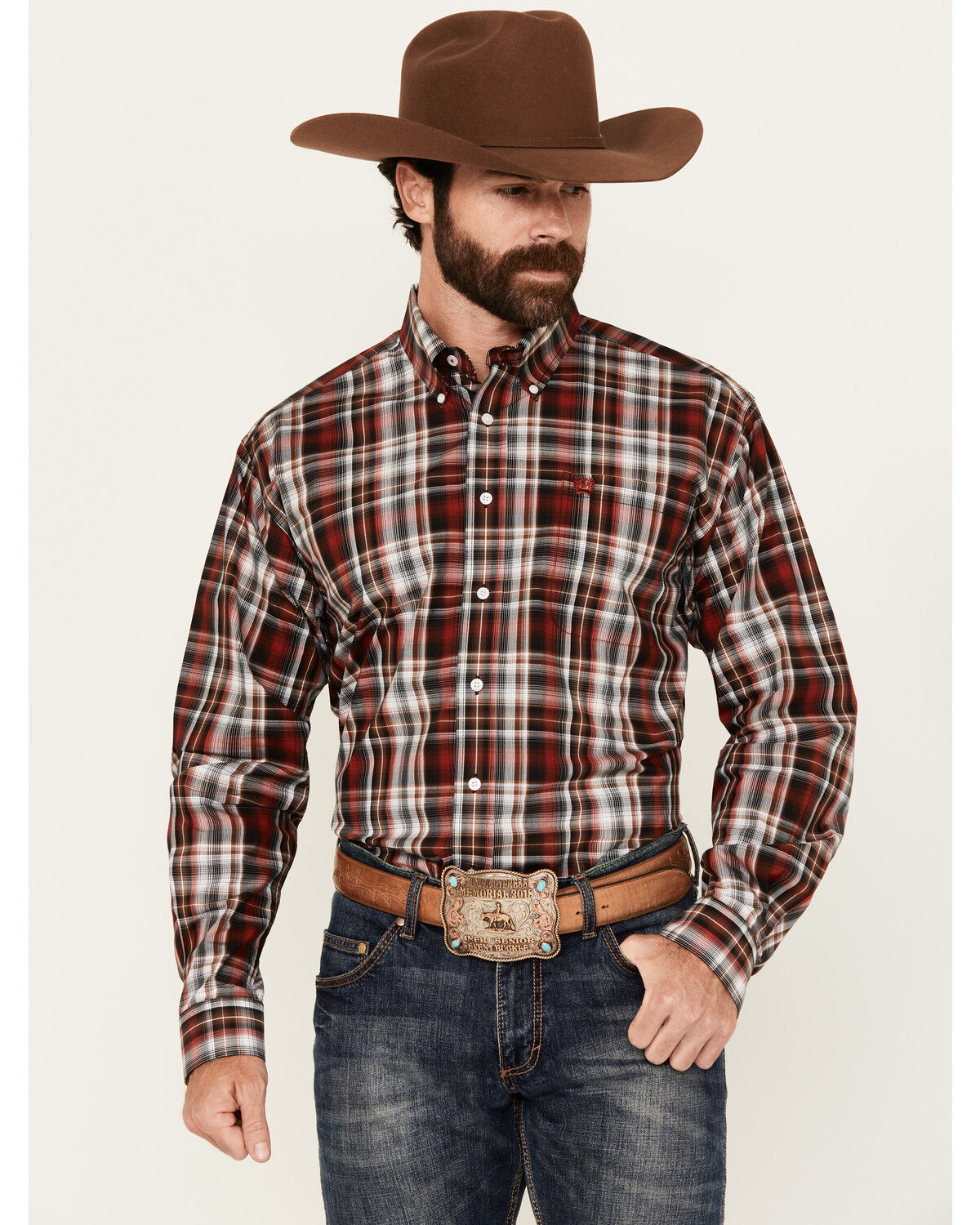 Image #1 - Cinch Men's Plaid Print Long Sleeve Button-Down Western Shirt, Red, hi-res