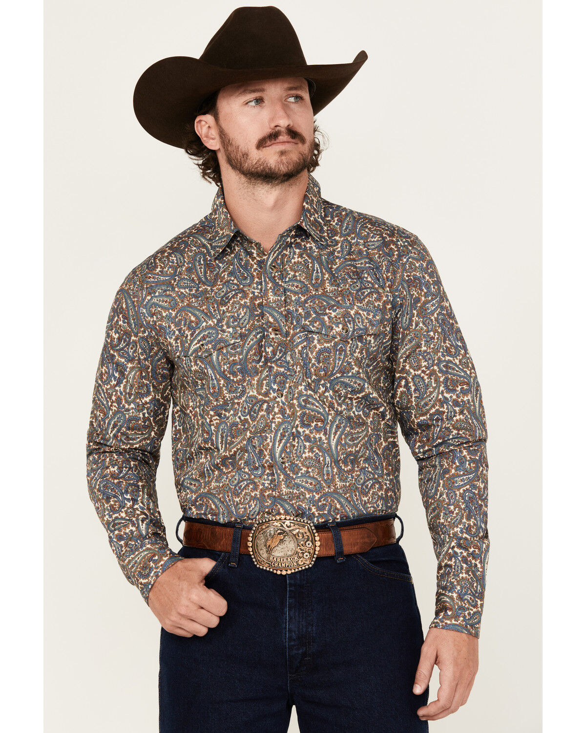 Image #1 - Cody James Men's Madera Paisley Print Long Sleeve Snap Western Shirt, Blue, hi-res