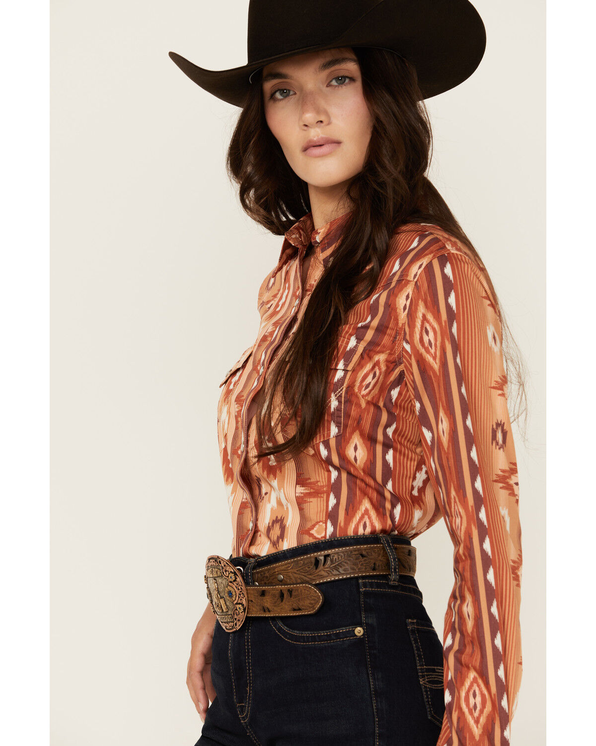 Image #2 - Wrangler Retro Women's Southwestern Print Long Sleeve Snap Western Shirt, Rust Copper, hi-res