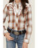 Roper Girls' Plaid Print Embroidered Long Sleeve Western Snap Shirt, Brown, hi-res