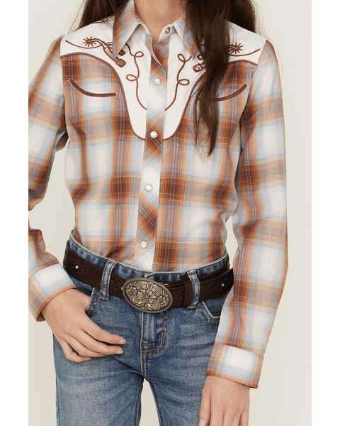 Roper Girls' Plaid Print Embroidered Long Sleeve Western Snap Shirt, Brown, hi-res