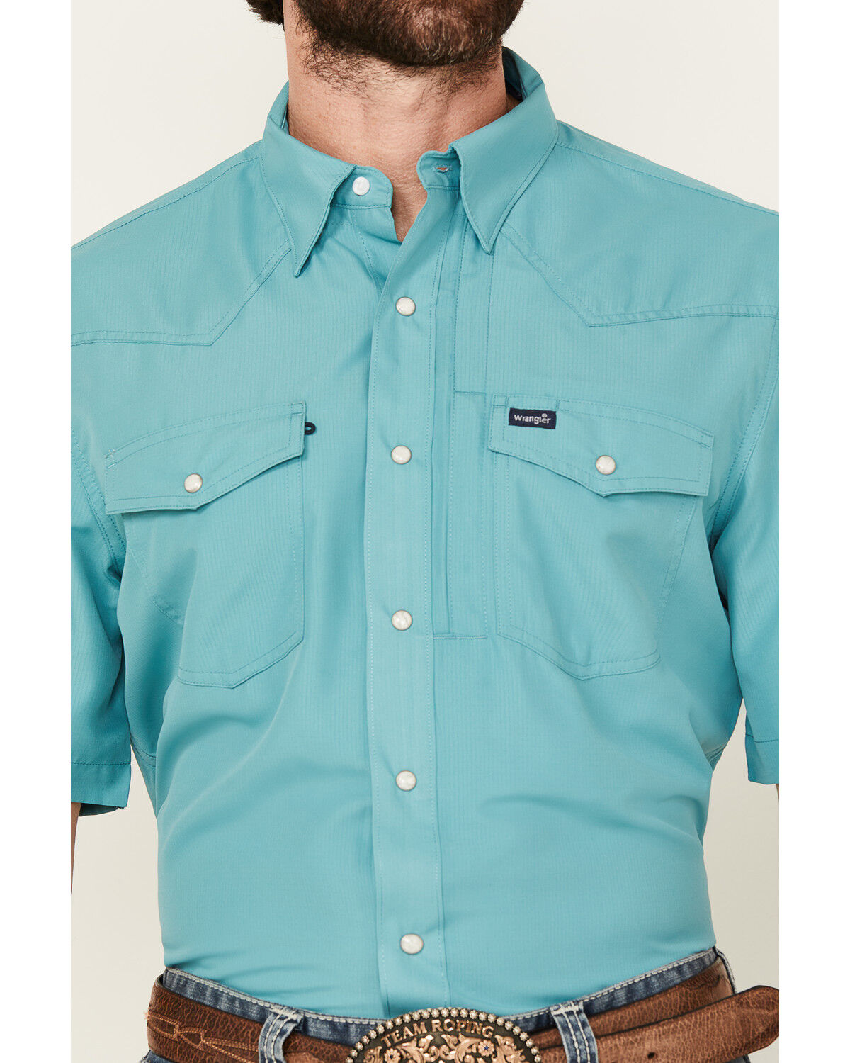 Image #3 - Wrangler Men's Solid Short Sleeve Snap Performance Western Shirt - Tall, Turquoise, hi-res
