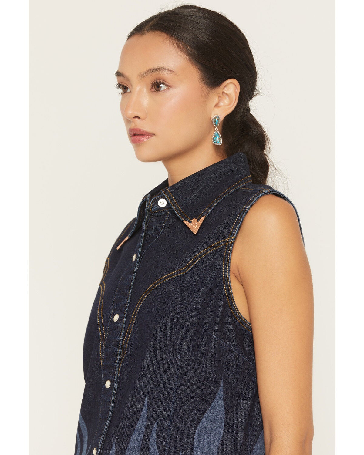 Image #2 - Wrangler X Lainey Wilson Women's Dark Wash Flame Denim Sleeveless Snap Western Shirt, Dark Wash, hi-res