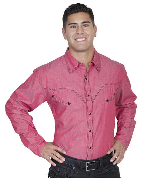 Image #1 - Scully Men's Solid Whipstitch Denim Retro Long Sleeve Western Shirt, Red, hi-res