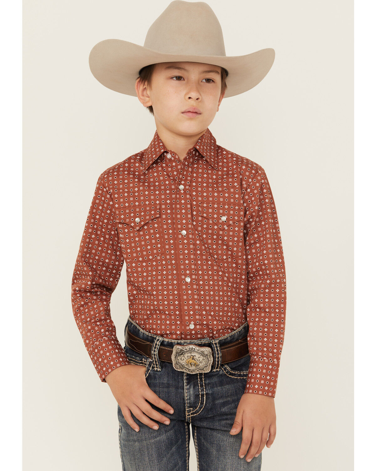 Image #1 - Ely Walker Boys' Geo Print Long Sleeve Snap Stretch Western Shirt, Rust Copper, hi-res