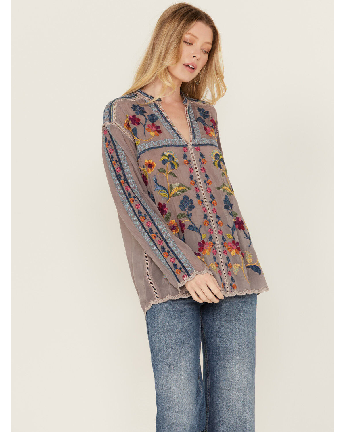 Image #1 - Johnny Was Women's Floral Embroidered Long Sleeve Shirt, Grey, hi-res