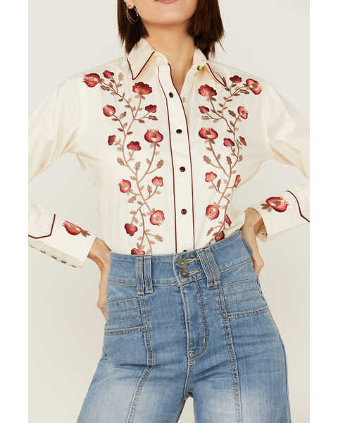 Image #2 - Rockmount Ranchwear Women's Vintage Thistle Floral Embroidery Pearl Snap Western Shirt, Ivory, hi-res