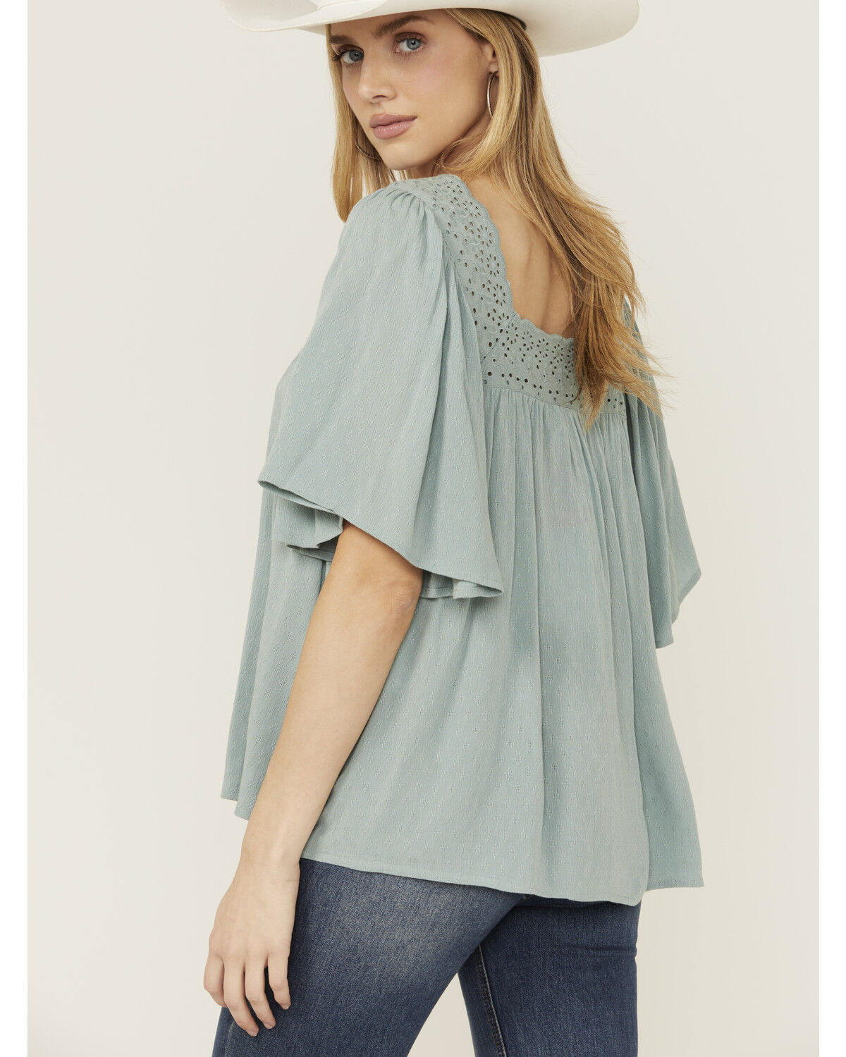Image #4 - Band Of The Free Women's Solid Short Sleeve Ruffle Blouse, Blue, hi-res