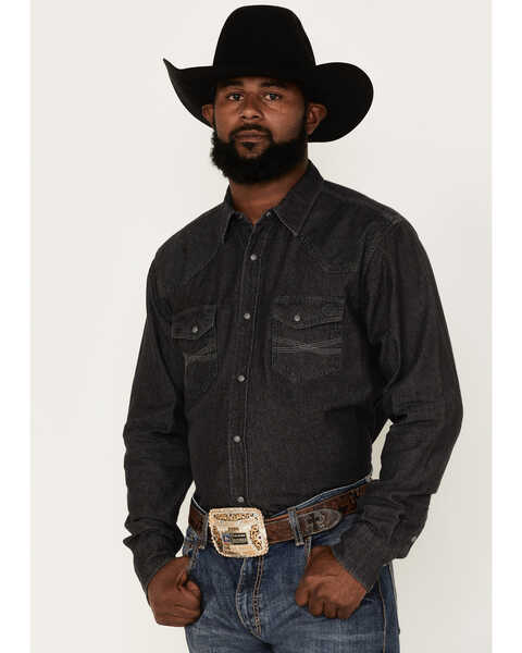 Blue Ranchwear Men's Long Sleeve Denim Western Snap Shirt, Black, hi-res