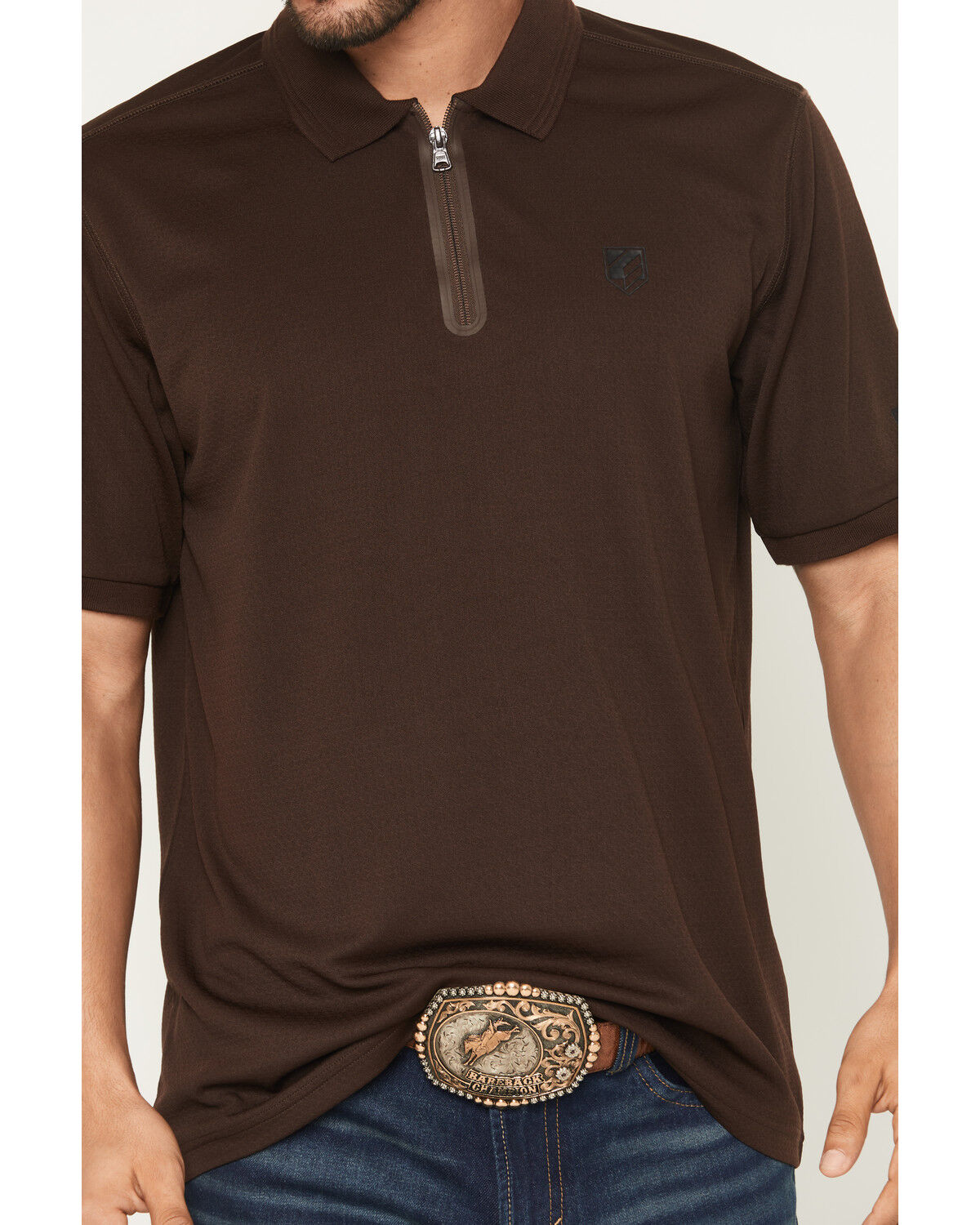 Image #3 - RANK 45® Men's Rigged Solid Zipper Polo, Brown, hi-res