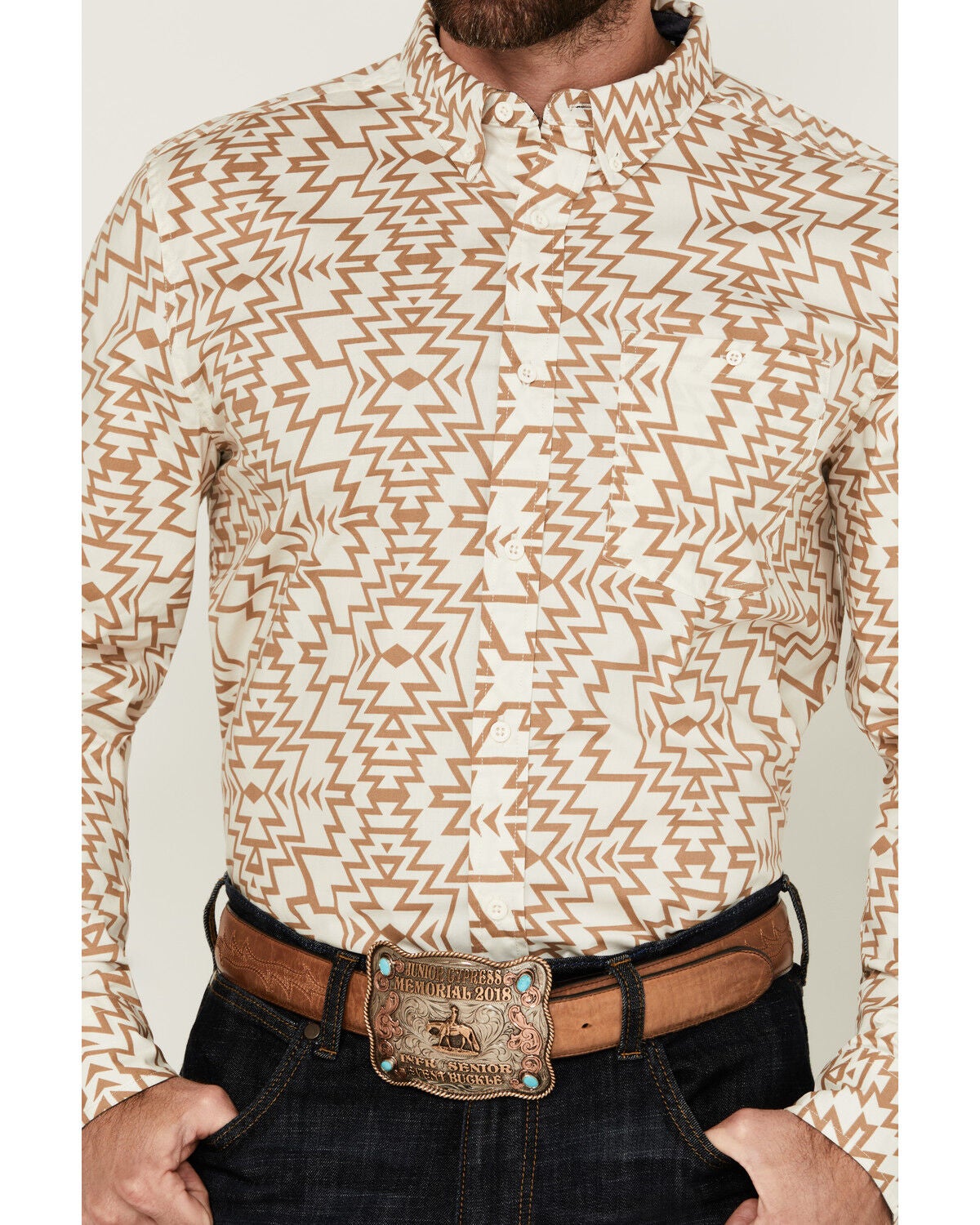 Image #3 - RANK 45&reg; Men's Trinidad Southwestern Print Long Sleeve Button-Down Stretch Western Shirt, Ivory, hi-res