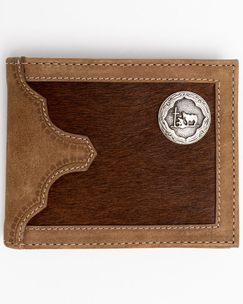 Cody James Men's Hair On Praying Cowboy Bi-Fold Leather Wallet , Brown, hi-res