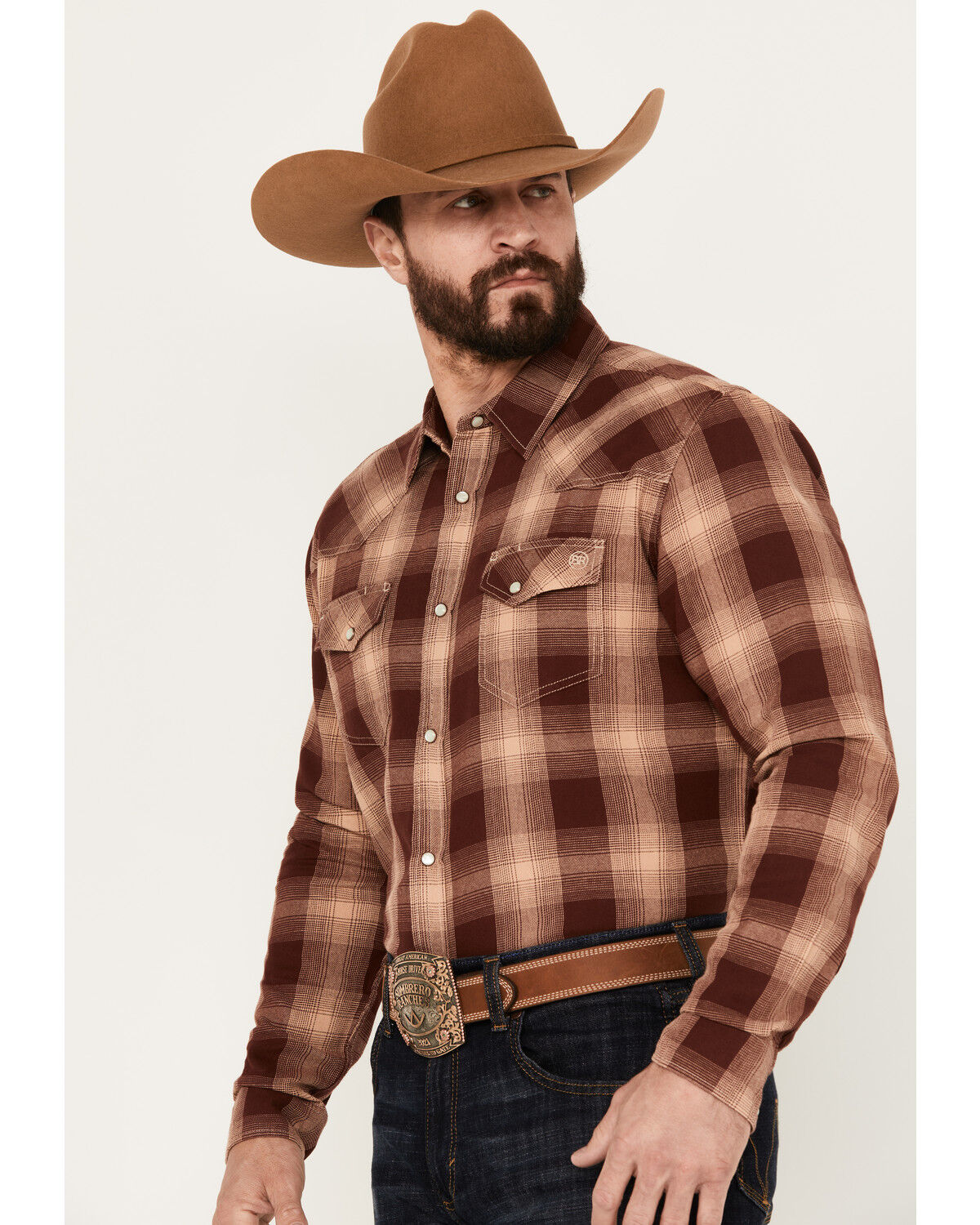 Image #2 - Blue Ranchwear Men's Lander Plaid Print Long Sleeve Western Pearl Snap Shirt, Red, hi-res
