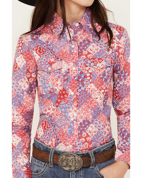 Image #3 - Panhandle Girls' Patchwork Print Long Sleeve Pearl Snap Western Shirt, , hi-res