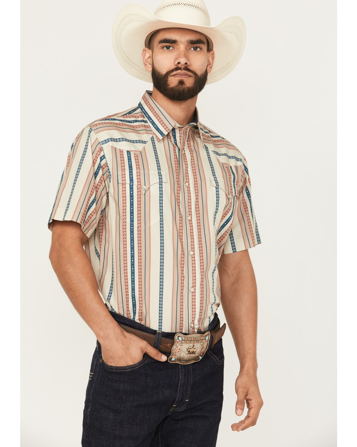 Image #2 - Roper Men's West Made Southwestern Striped Short Sleeve Pearl Snap Western Shirt, Tan, hi-res