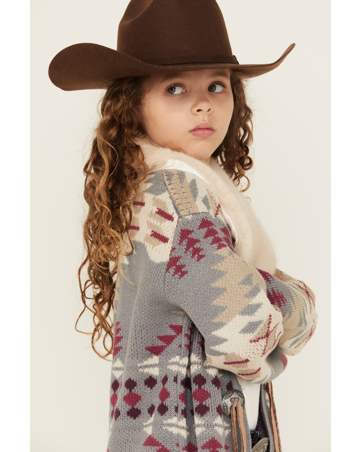 Image #2 - Shyanne Girls' Southwestern Print Fur Trim Cardigan, Slate, hi-res