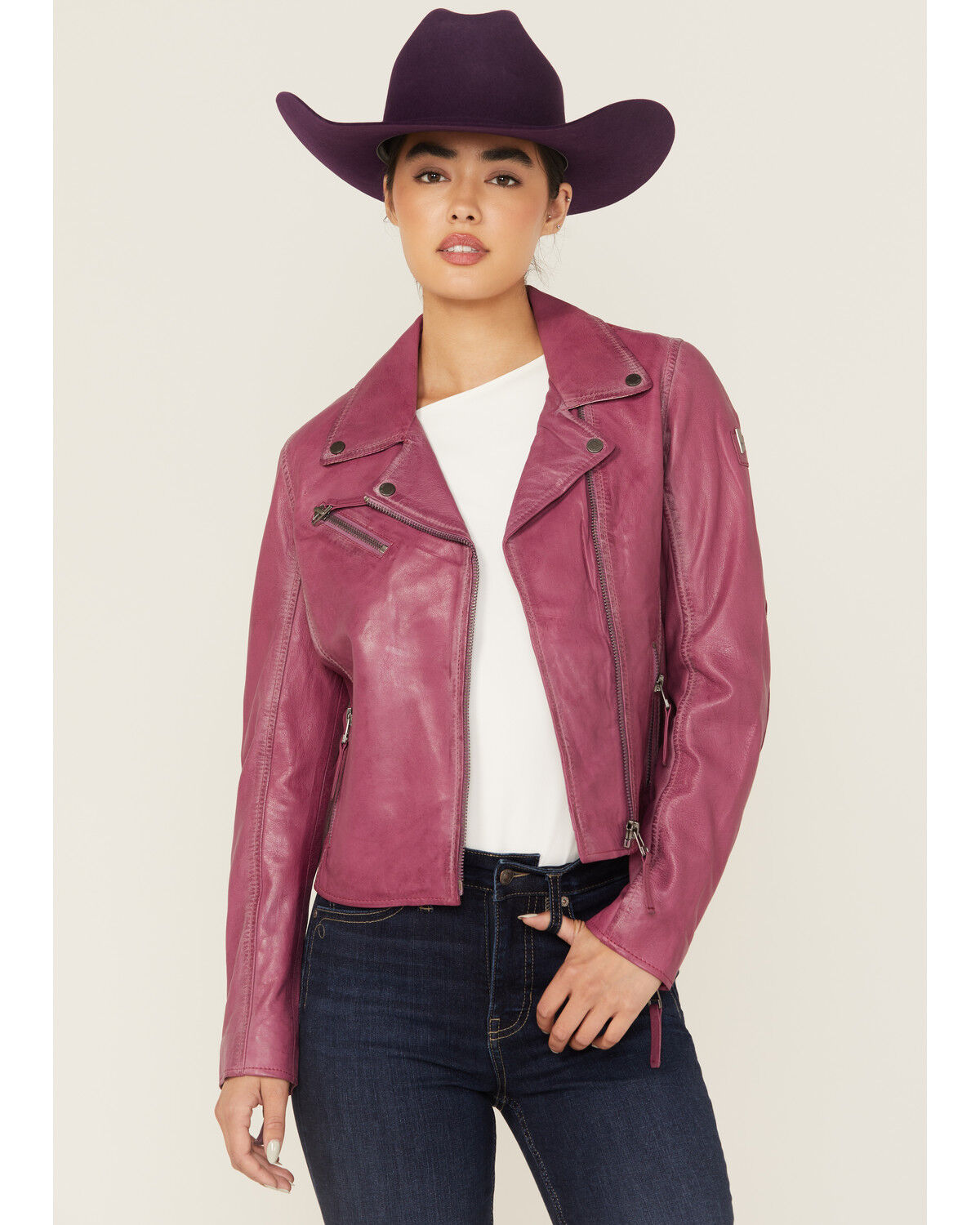 Image #4 - Mauritius Leather Women's Christy Star Zip-Front Moto Leather Jacket, Pink, hi-res