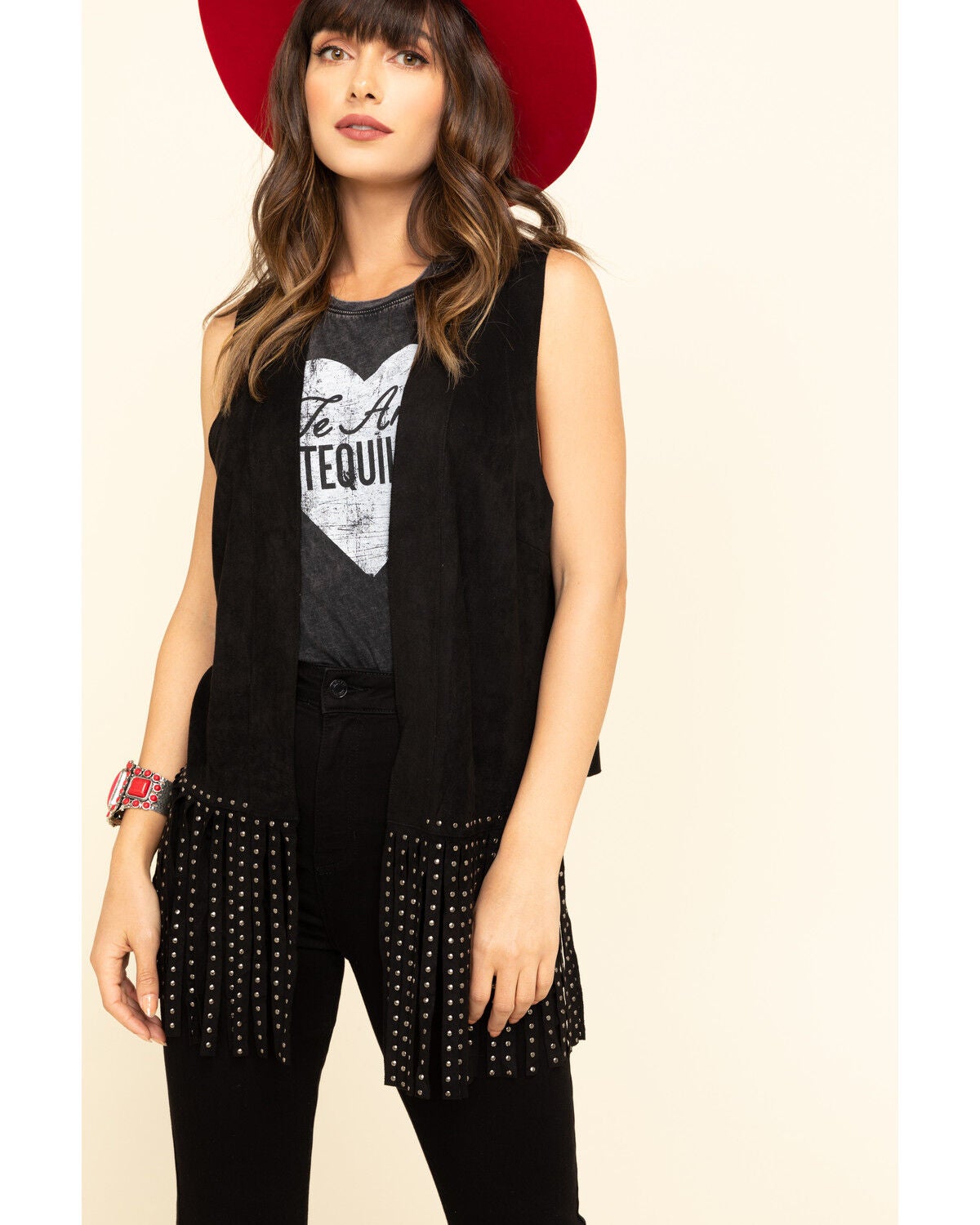 Vocal Women's Studded Fringe Vest, Black, hi-res