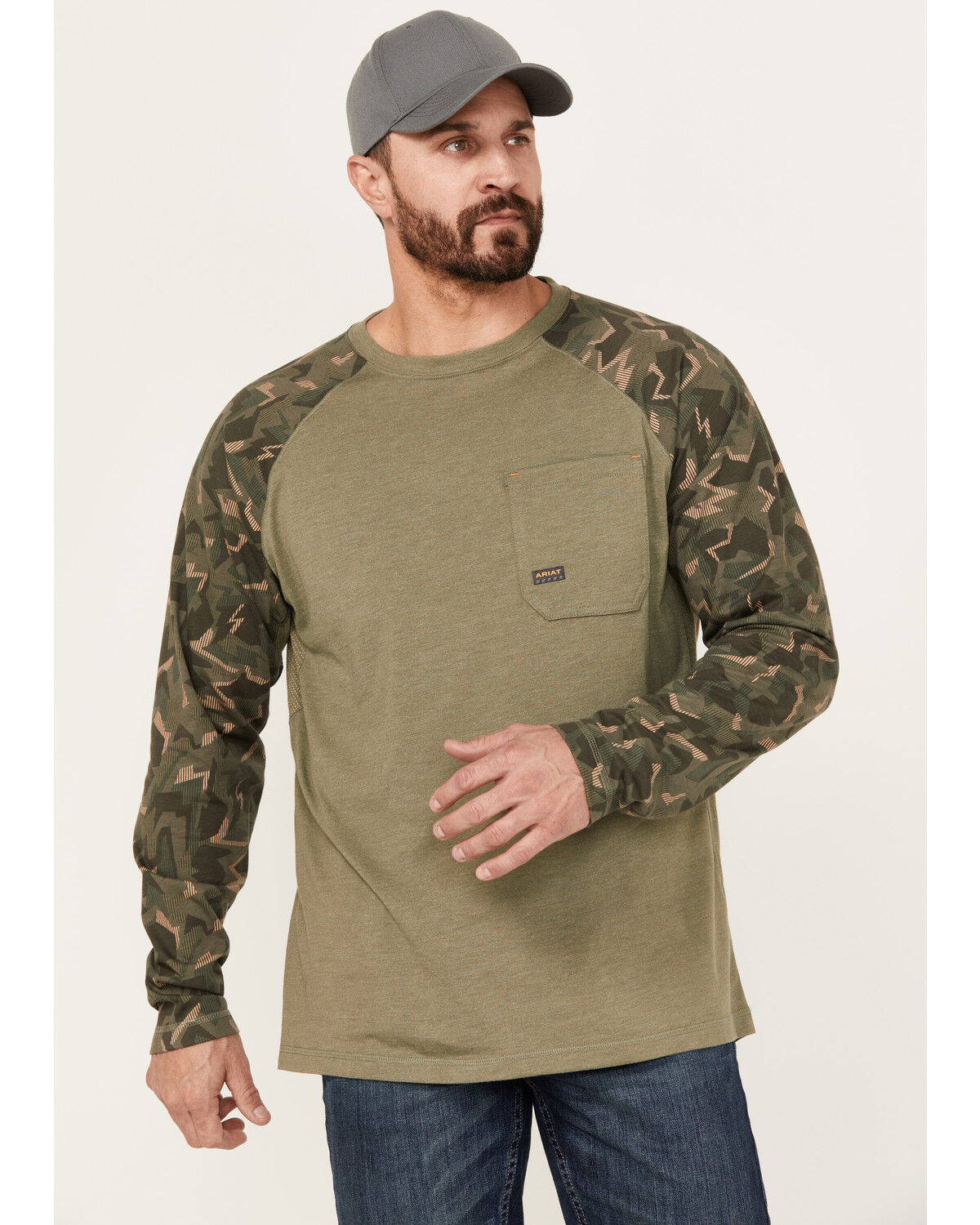 Image #1 - Ariat Men's Rebar Workman Baseball Long Sleeve Shirt, Green, hi-res