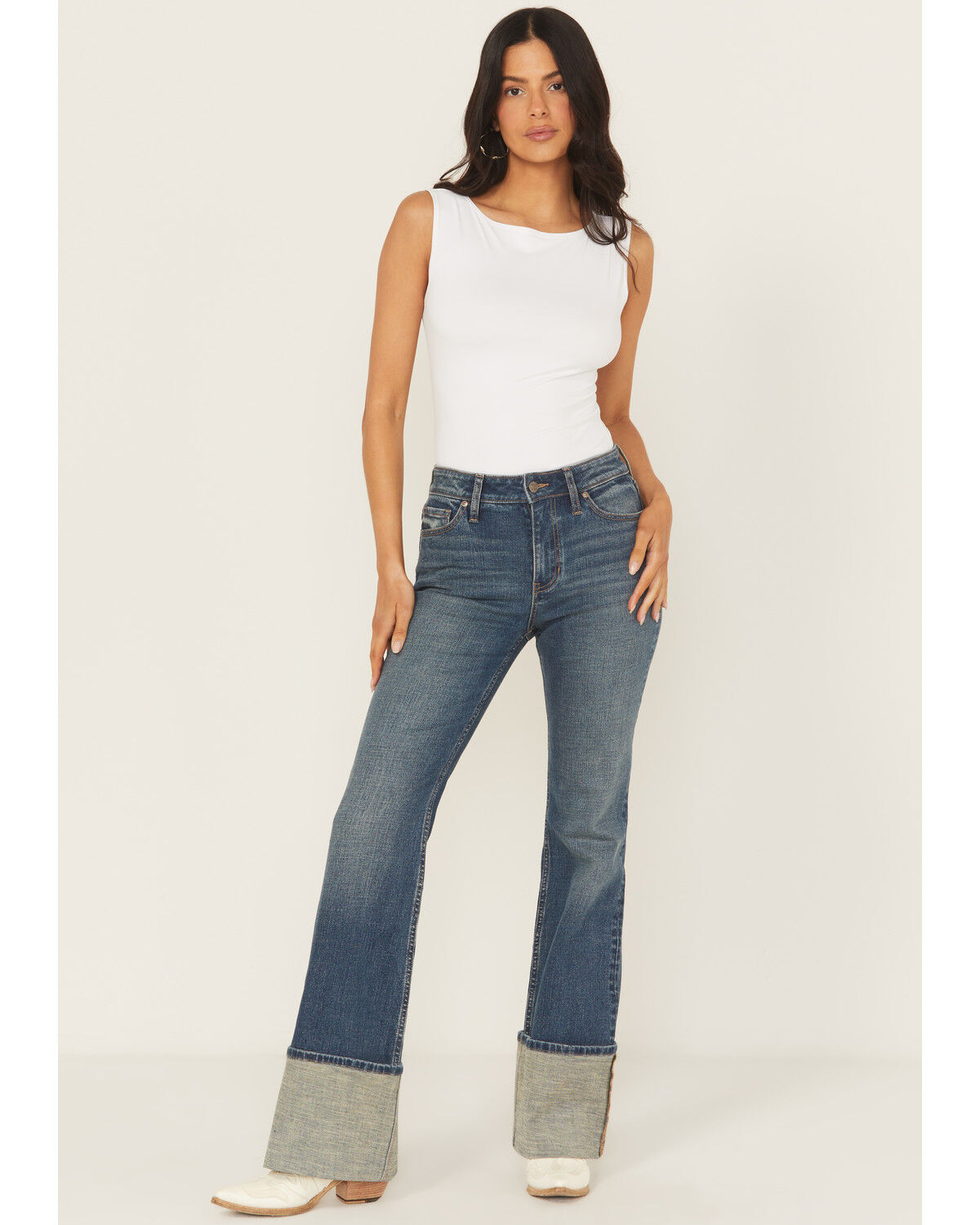 Image #1 - Shyanne Women's Harden Medium Wash High Rise Trouser Tall Cuff Comfort Stretch Denim Jeans, Medium Wash, hi-res