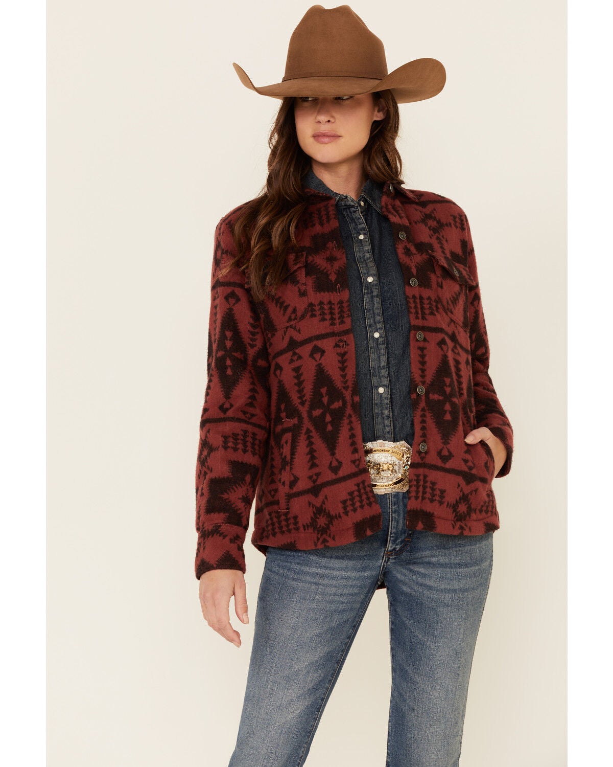Ariat Women's R.E.A.L. Marsala Southwestern Print Shirt Jacket, Burgundy, hi-res
