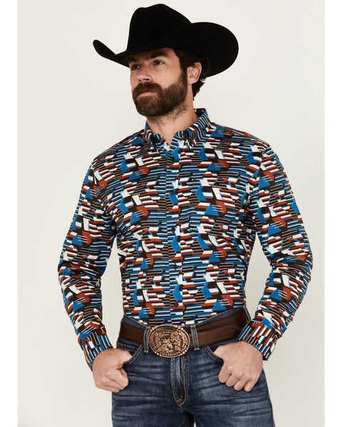 Image #1 - RANK 45® Men's Yaak Abstract Geo Print Long Sleeve Button-Down Stretch Western Shirt , Chocolate, hi-res