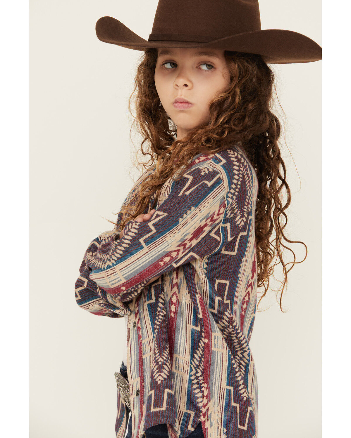 Image #2 - Shyanne Girls' Southwestern Striped Print Long Sleeve Snap Shacket, Fuchsia, hi-res