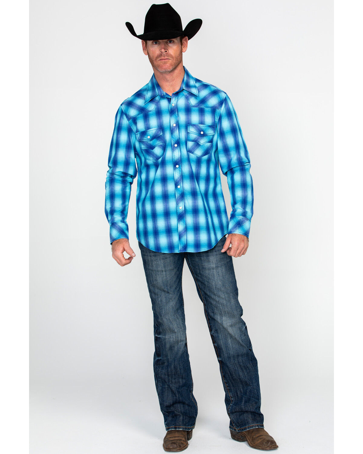 Image #6 - Rock & Roll Denim Men's Crinkle Washed Yarn Dye Plaid Long Sleeve Western Shirt, Blue, hi-res