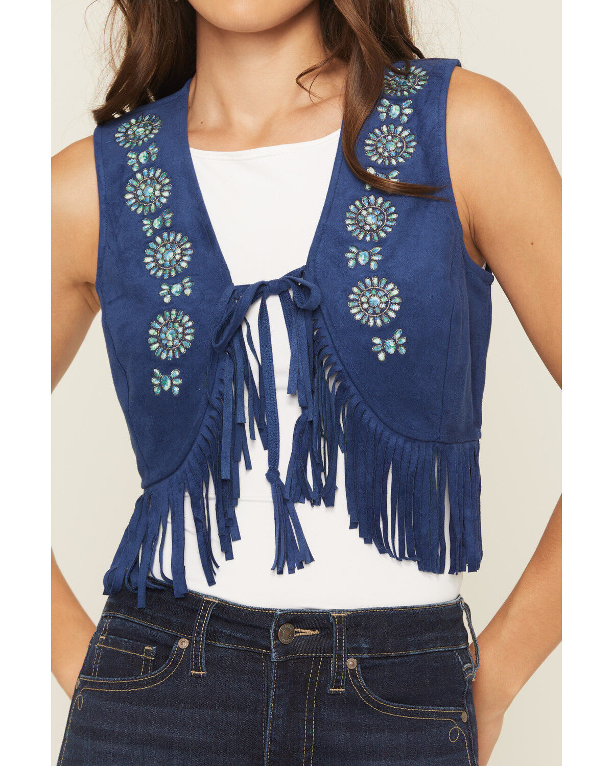 Image #3 - Shyanne Women's Embroidered Faux Suede Cropped Vest, Navy, hi-res