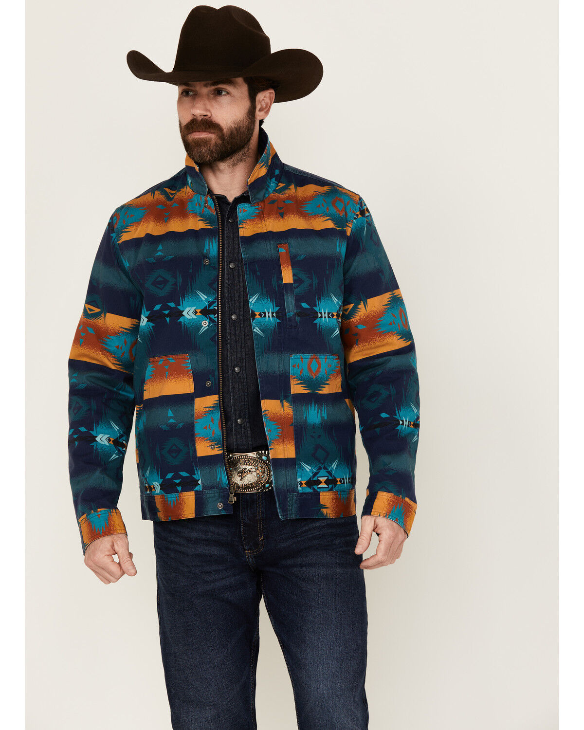 Image #1 - RANK 45® Men's Twill Southwestern Print Jacket, Dark Blue, hi-res