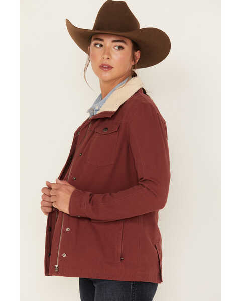 Image #2 - Powder River Outfitters Women's Sherpa-Lined Collar Denim Military Jacket, Red, hi-res