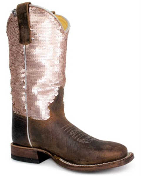 Macie Bean Girls' Rose Gold Sequin Distressed Bison Leather Western Boots - Square Toe , Brown, hi-res