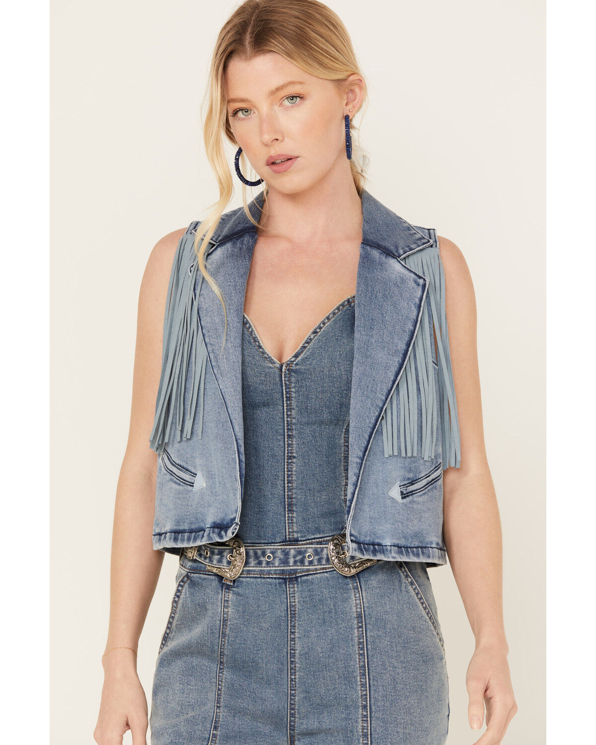 Image #2 - Rock & Roll Denim Women's Medium Wash Cropped Denim Fringe Vest, Blue, hi-res
