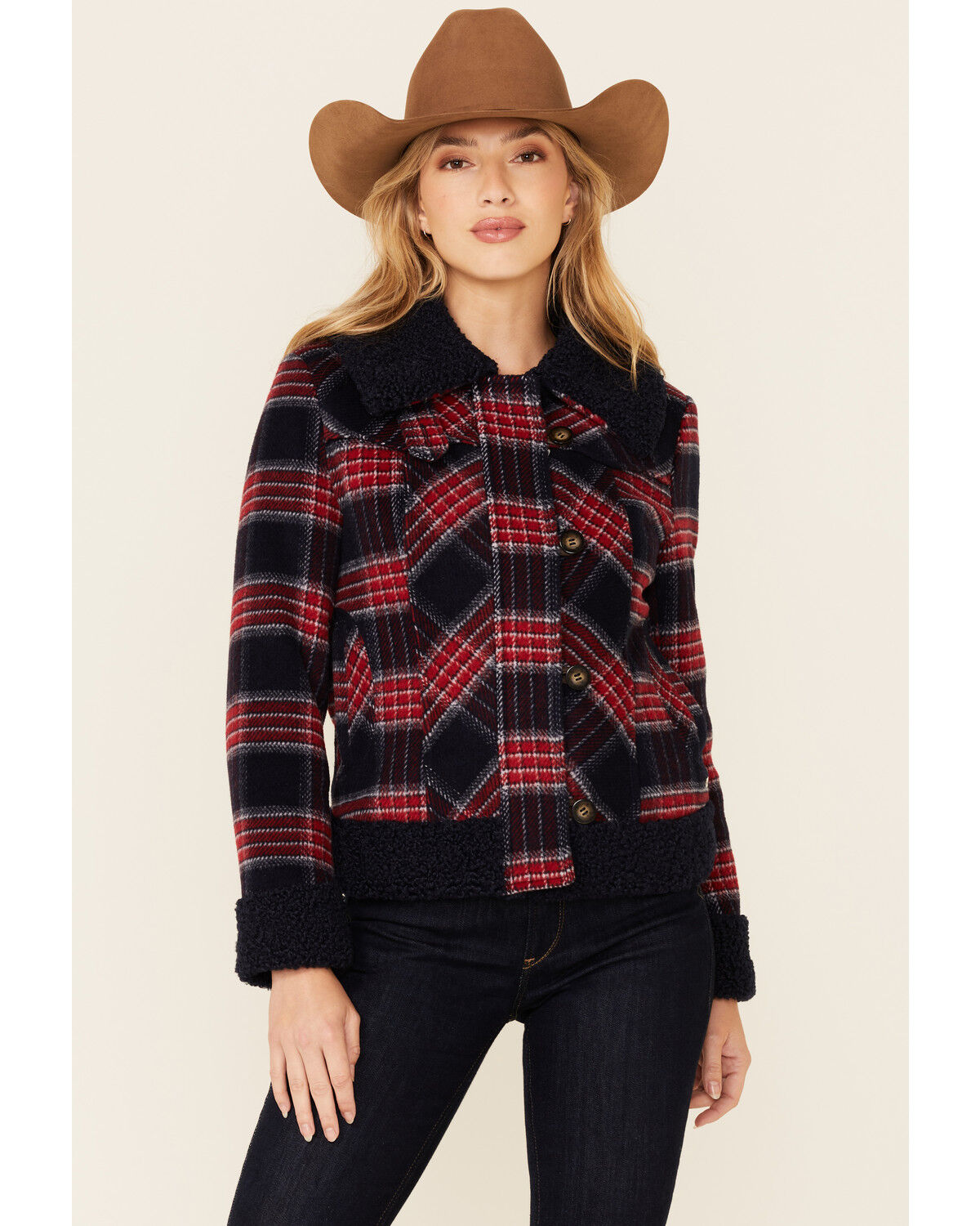 Image #1 - Powder River Outfitters Women's Red & Navy Plaid Button-Front Wool Sherpa Coat, Red, hi-res