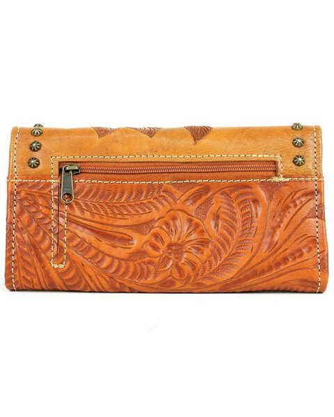 Image #2 - American West Women's Texas Rose Tooled Trifold Wallet, Tan, hi-res