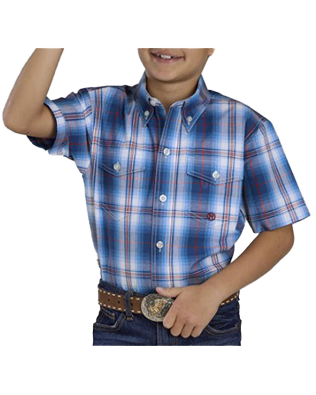 Image #1 - Roper Boys' Plaid Print Short Sleeve Button-Down Western Shirt, Blue, hi-res