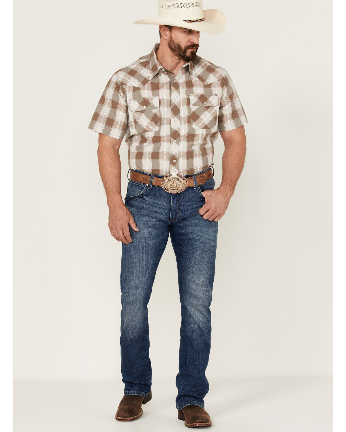 Image #2 - Tin Haul Men's Buffalo Dobby Large Plaid Short Sleeve Pearl Snap Western Shirt, Grey, hi-res