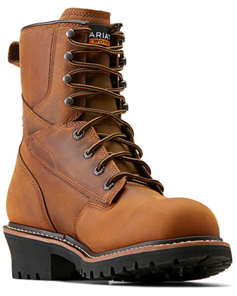 Ariat Men's 8" Logger Shock Shield Waterproof Work Boots - Soft Toe , Brown, hi-res