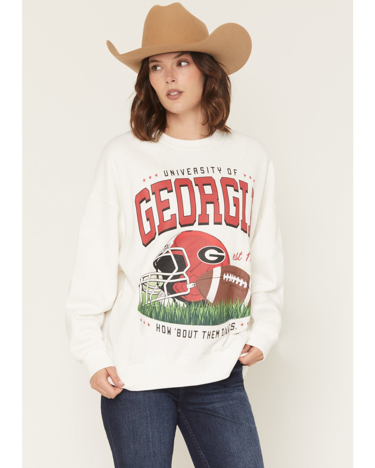Image #1 - Gameday Women's UGA Bulldogs Helmet Embroidered Graphic Crewneck, White, hi-res