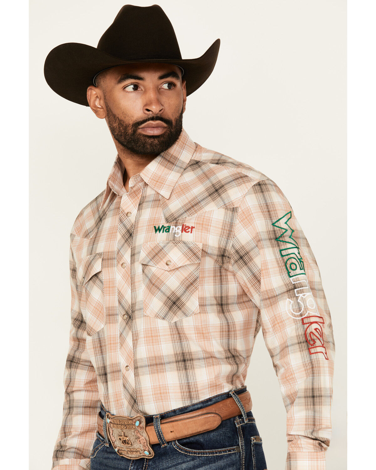 Image #2 - Wrangler Men's Mexico Logo Plaid Print Long Sleeve Snap Western Shirt, Tan, hi-res