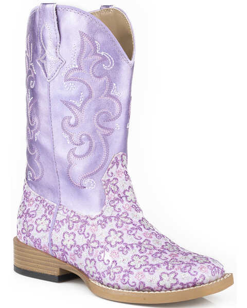 Image #1 - Roper Girls' Floral Glitter Western Boots - Square Toe , Purple, hi-res
