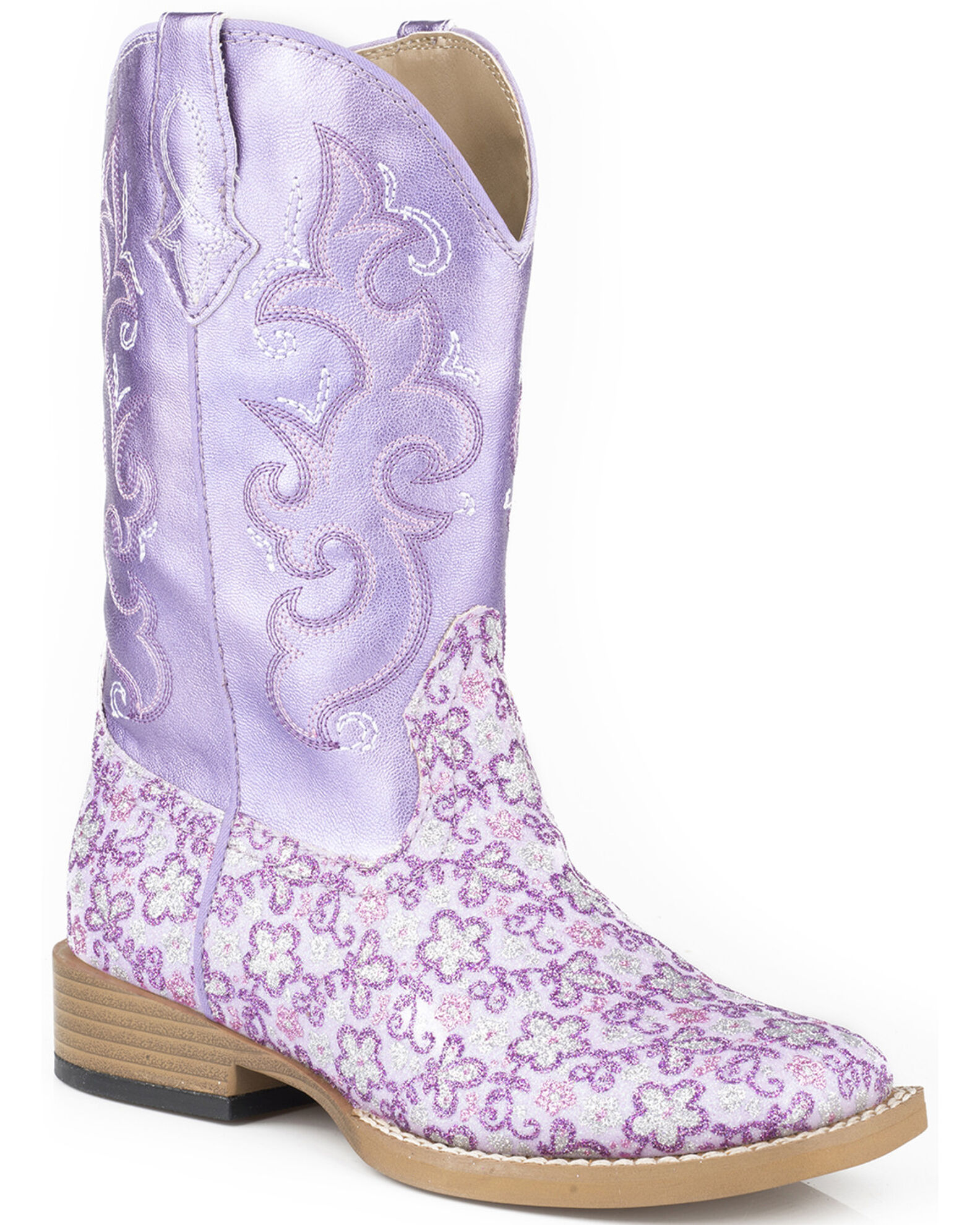 Image #1 - Roper Girls' Floral Glitter Western Boots - Square Toe, Purple, hi-res