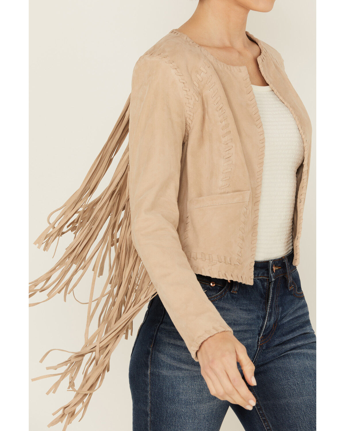 Image #4 - Shyanne Women's Whip Stitch Fringe Suede Jacket, Taupe, hi-res