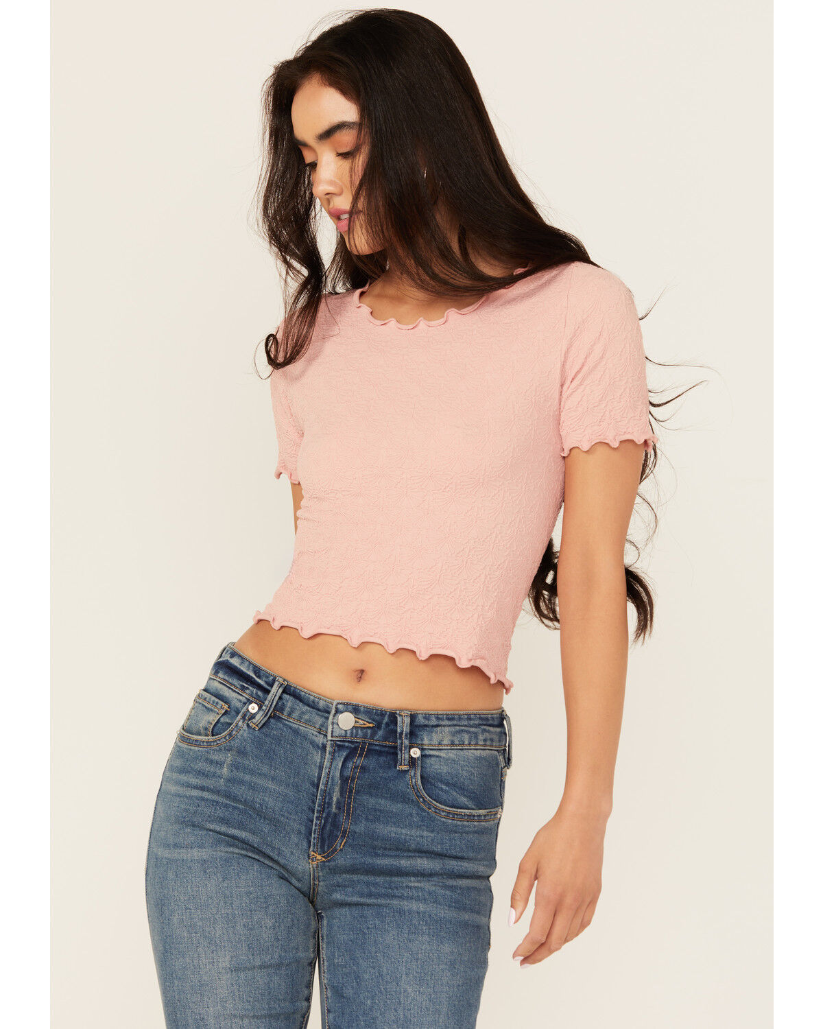 Image #1 - Fornia Women's Solid Lettuce Edge Short Sleeve Tee, Pink, hi-res